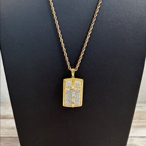 iced out CZ dog tag ankh cross pendant necklace with a rope chain
